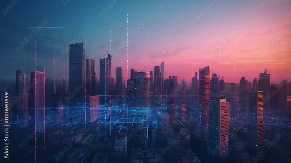 Futuristic Cityscape at Sunset with Digital Streams, vibrant city at sunset, high-tech urban environment, skyscrapers and technology, glowing digital streams. Futuristic Cityscape at Sunset with Digital Streams, vibrant city at sunset, high-tech urban environment, skyscrapers and technology, glowing digital streams.