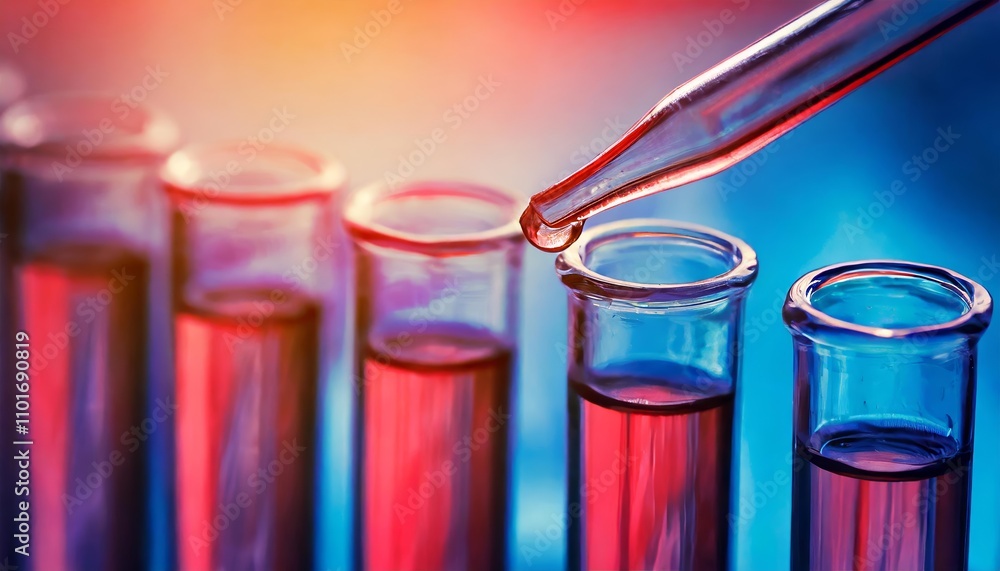 A close-up view of a row of test tubes in a medical or scientific laboratory, showcasing a dropper releasing liquid droplets, emphasizing research, innovation, and precision in science A close-up view of a row of test tubes in a medical or scientific laboratory, showcasing a dropper releasing liquid droplets, emphasizing research, innovation, and precision in science