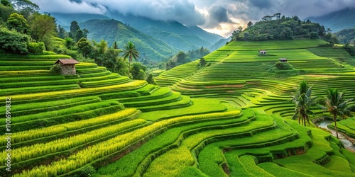 Stunning Rice Terraces: Lush Green Landscape, Candid Photography