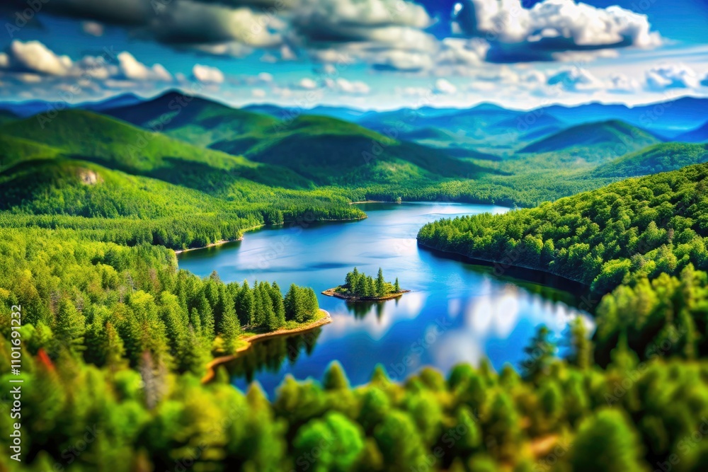 Aerial Tilt-Shift Photography of Adirondack Evergreen Lake Surrounded by Lush Forests and Mountains, Capturing Scenic Beauty and Tranquility in Nature, Perfect for Landscape Enthusiasts