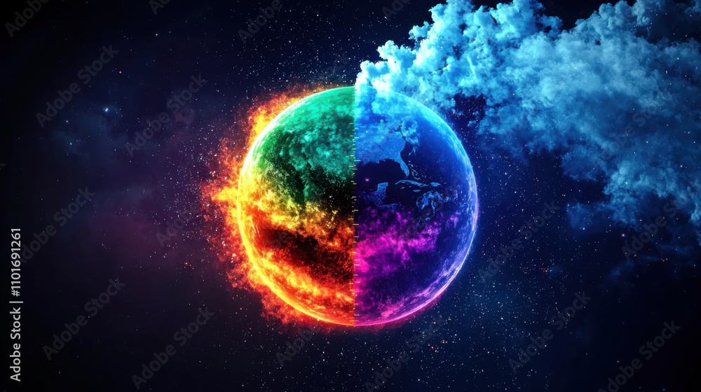 Obraz premium Vibrant depiction of Earth showcasing contrasting climates and elements
