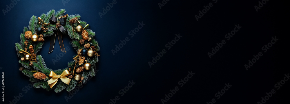 Naklejka premium Navy blue banner with Christmas wreath
