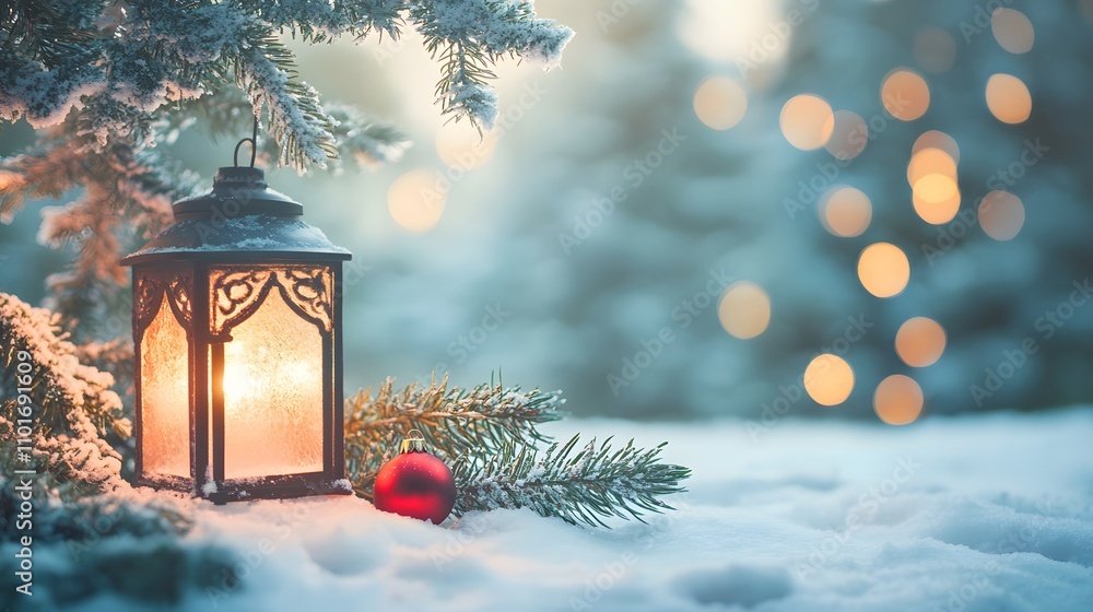 Illuminated Lantern nestled in a snowy winter scene Illuminated Lantern nestled in a snowy winter scene