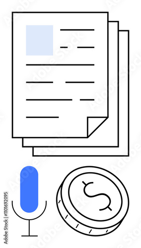 Papers stack with lines and square, blue microphone, coin with dollar sign, showing finance and communication. Ideal for content creation, podcasts, finance, media, economics interviews filings
