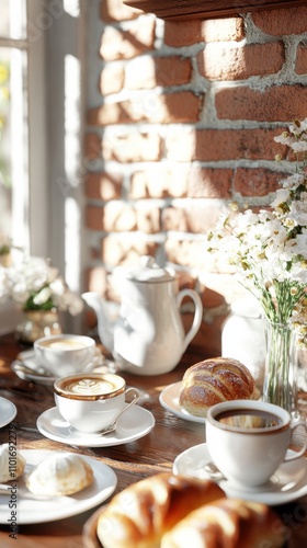 Cozy cafe table with coffee, pastries, and flowers by a sunlit brick wall, AI