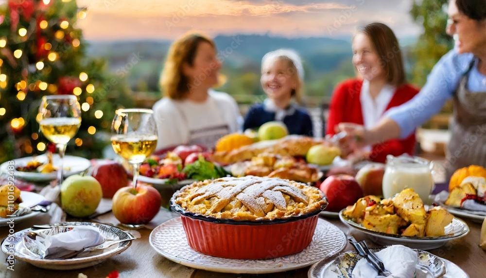 Thanksgiving Family Dinner: A Close-Up of Traditional Apple Pie and Vegan Dishes with a Warm, Festive Atmosphere and a Blurred Background of Joyful Moments Among Family and Friends Thanksgiving Family Dinner: A Close-Up of Traditional Apple Pie and Vegan Dishes with a Warm, Festive Atmosphere and a Blurred Background of Joyful Moments Among Family and Friends