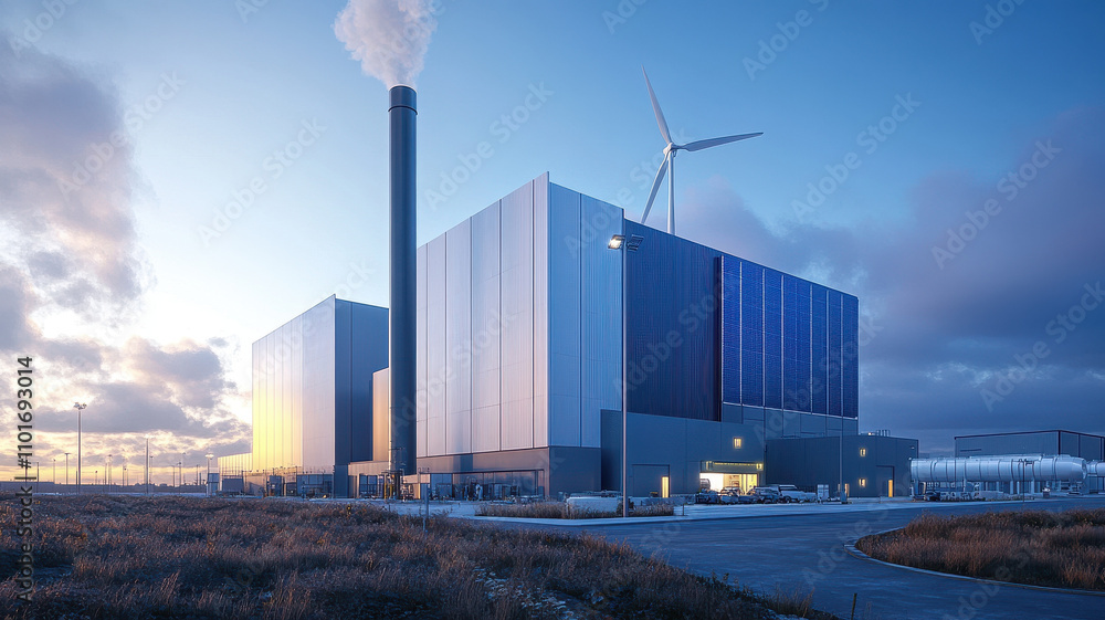 Innovative waste to energy facility with solar panels and wind turbine, showcasing modern technology and sustainability in energy production Innovative waste to energy facility with solar panels and wind turbine, showcasing modern technology and sustainability in energy production