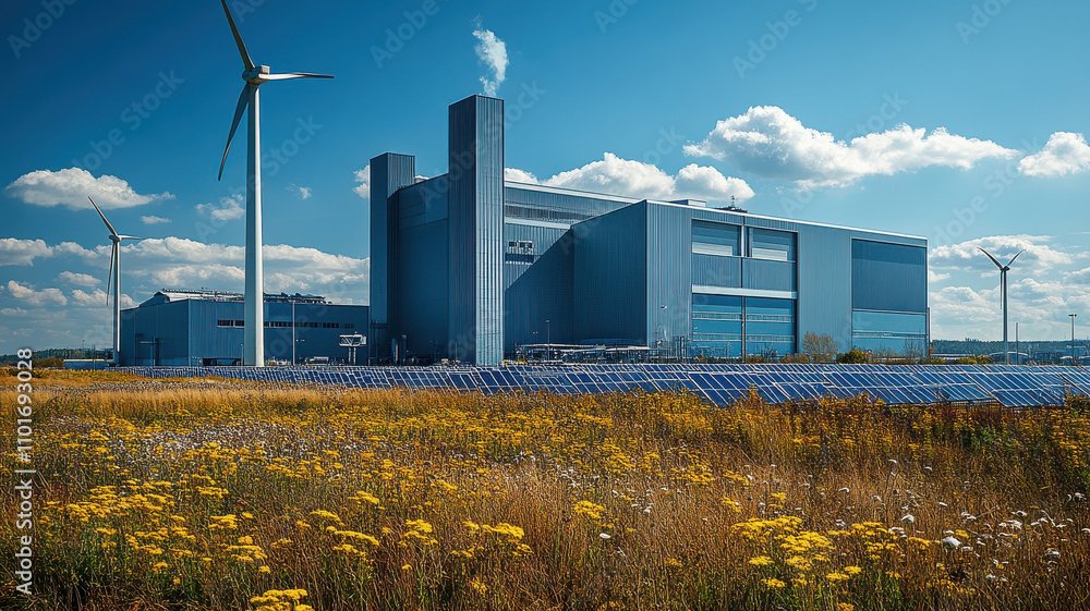 Innovative waste to energy facility with solar panels and wind turbines ...