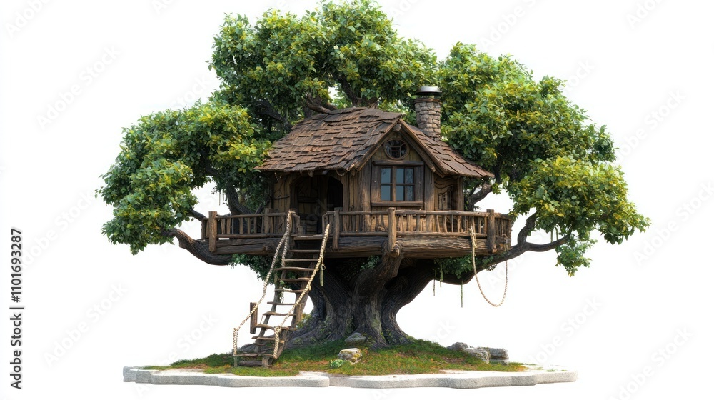 Charming Wooden Treehouse Nestled Among Lush Green Leaves Charming Wooden Treehouse Nestled Among Lush Green Leaves