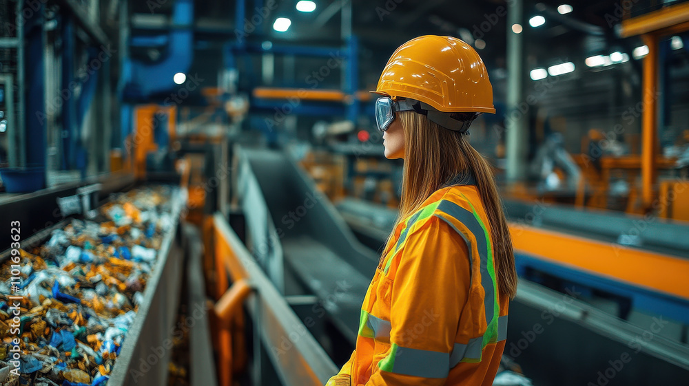 modern waste sorting facility showcasing advanced technology and efficient processes. worker, wearing safety gear, oversees sorting of recyclable materials, ensuring sustainable future modern waste sorting facility showcasing advanced technology and efficient processes. worker, wearing safety gear, oversees sorting of recyclable materials, ensuring sustainable future