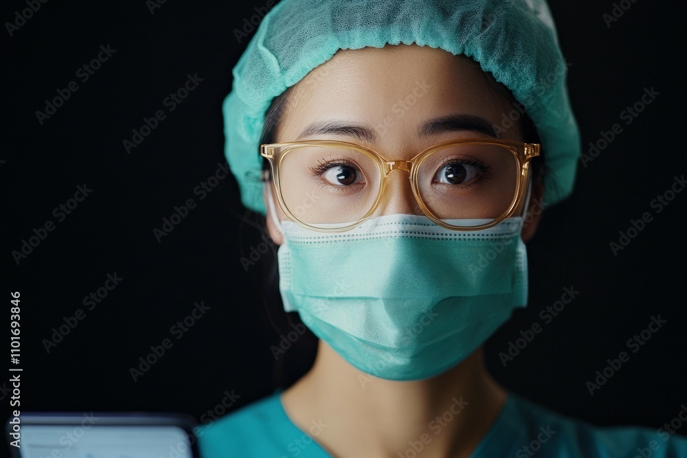 A focused healthcare professional wearing a mask and glasses, ready to assist in a clinical environment. A focused healthcare professional wearing a mask and glasses, ready to assist in a clinical environment.