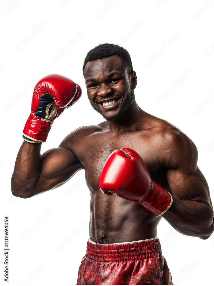 smiling boxer with red gloves poses confidently, showcasing strength smiling boxer with red gloves poses confidently, showcasing strength