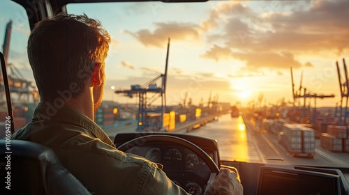 Realistic crane driver in a high-tech port, sunset in the background, Dynamic Composition, back view 