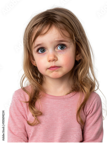 Curious girl with long hair, wearing pink shirt, looking thoughtful