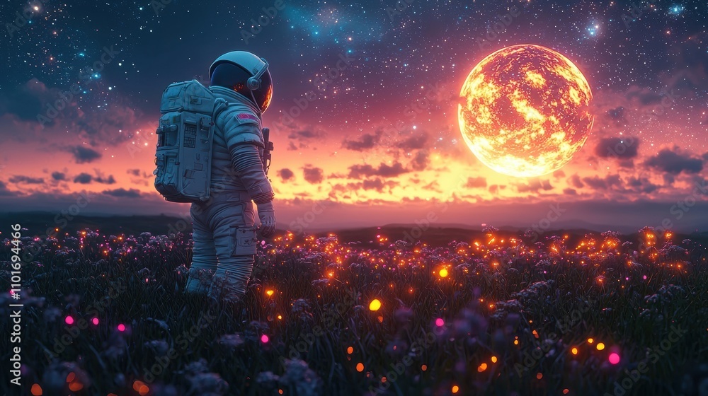Obraz premium Astronaut in Bioluminescent Field: An astronaut stands in awe, gazing upon an otherworldly sunset and fiery planet, surrounded by a breathtaking field of bioluminescent flowers.