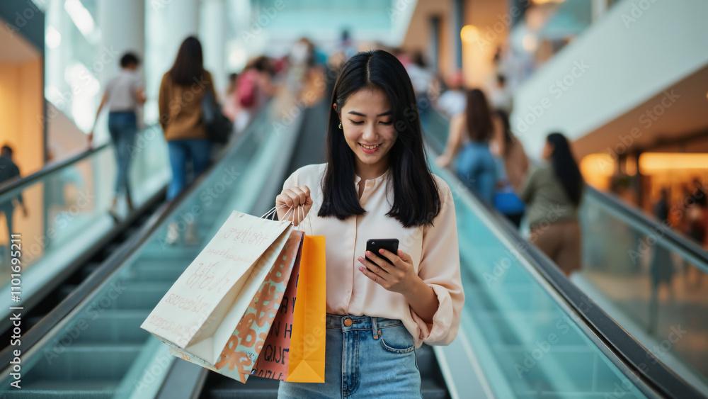 Stylish Asian Woman on Mall Escalator: Fashion, Shopping, and Smartphone Use for Retail Marketing Stylish Asian Woman on Mall Escalator: Fashion, Shopping, and Smartphone Use for Retail Marketing