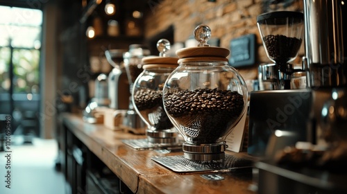 Coffee beans in modern glass jars at a cozy cafe photo