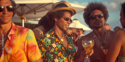 Stylish friends sipping drinks and mingling at a vibrant beach party with a 70s inspired atmosphere, embracing summer with great friends and music photo