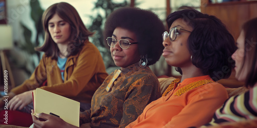 Four women in vintage seventies attire sit on a couch, one reading a book while the others listen intently photo