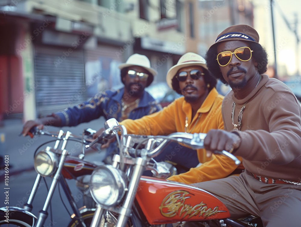 Three stylish bikers sporting sunglasses and hats strike a pose on their custom chopper motorcycles, radiating a hip and defiant vibe in a vintage city setting reminiscent of the 1970s Three stylish bikers sporting sunglasses and hats strike a pose on their custom chopper motorcycles, radiating a hip and defiant vibe in a vintage city setting reminiscent of the 1970s