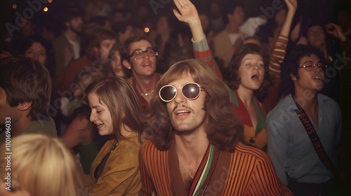 Excited audience at a 1970s charity concert, showcasing vintage hairstyles and fashion, fully engaged in the dynamic energy of a live music event photo