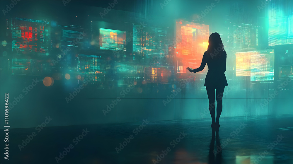 Businesswoman with Digital Data Panels in Soft Abstract Bokeh Background for Sci-Fi Themes Businesswoman with Digital Data Panels in Soft Abstract Bokeh Background for Sci-Fi Themes