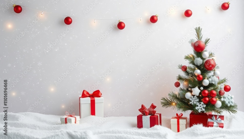 Festive Christmas scene with decorated tree, ornaments, gifts, and soft snow background Festive Christmas scene with decorated tree, ornaments, gifts, and soft snow background