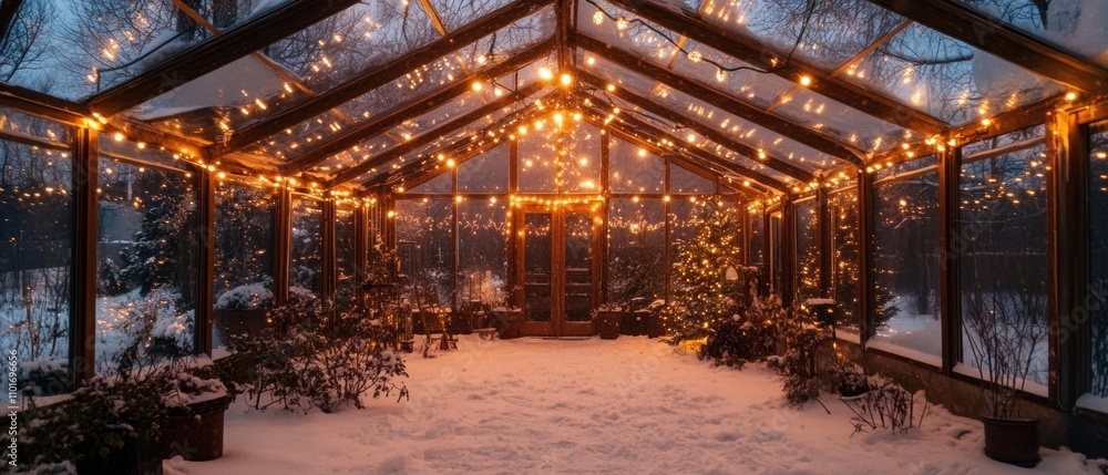 Cozy Winter Greenhouse with Christmas Lights and Snowy Surroundings, a Serene and Inviting Atmosphere for Holiday Celebrations and Indoor Gardening Cozy Winter Greenhouse with Christmas Lights and Snowy Surroundings, a Serene and Inviting Atmosphere for Holiday Celebrations and Indoor Gardening