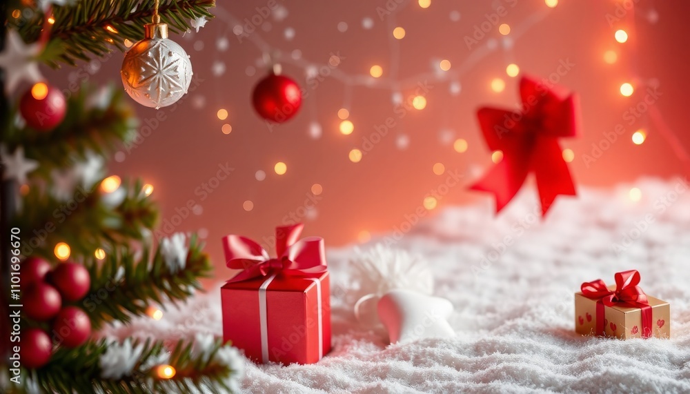 Festive Christmas scene with ornaments, gift boxes, and lights on a snowy surface Festive Christmas scene with ornaments, gift boxes, and lights on a snowy surface