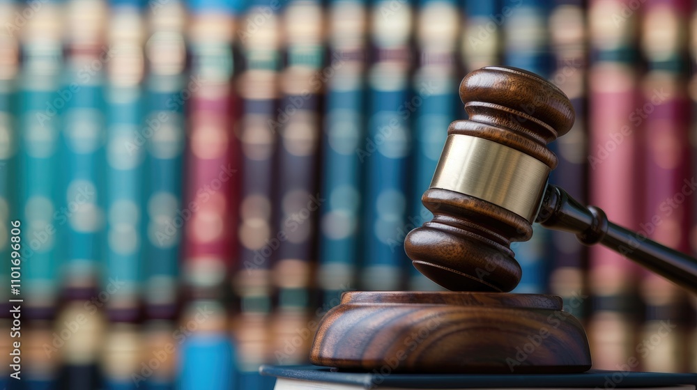 A wooden gavel rests on a book, with colorful legal books in the background, symbolizing justice and the legal system. A wooden gavel rests on a book, with colorful legal books in the background, symbolizing justice and the legal system.