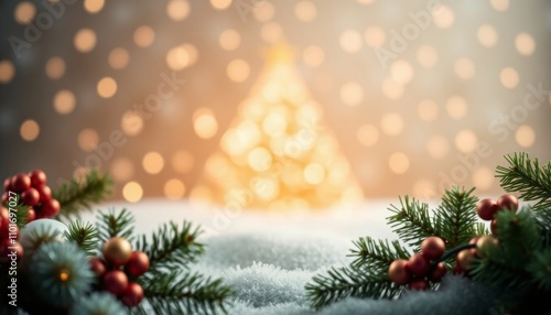 Festive Christmas scene with decorations, snow, and blurred golden bokeh lights photo