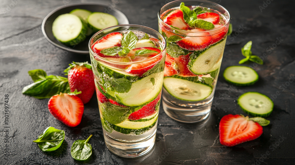 Refreshing detox water with strawberries, cucumbers, and mint leaves, perfect for hydration and wellness. Enjoy vibrant colors and healthy ingredients! Refreshing detox water with strawberries, cucumbers, and mint leaves, perfect for hydration and wellness. Enjoy vibrant colors and healthy ingredients!