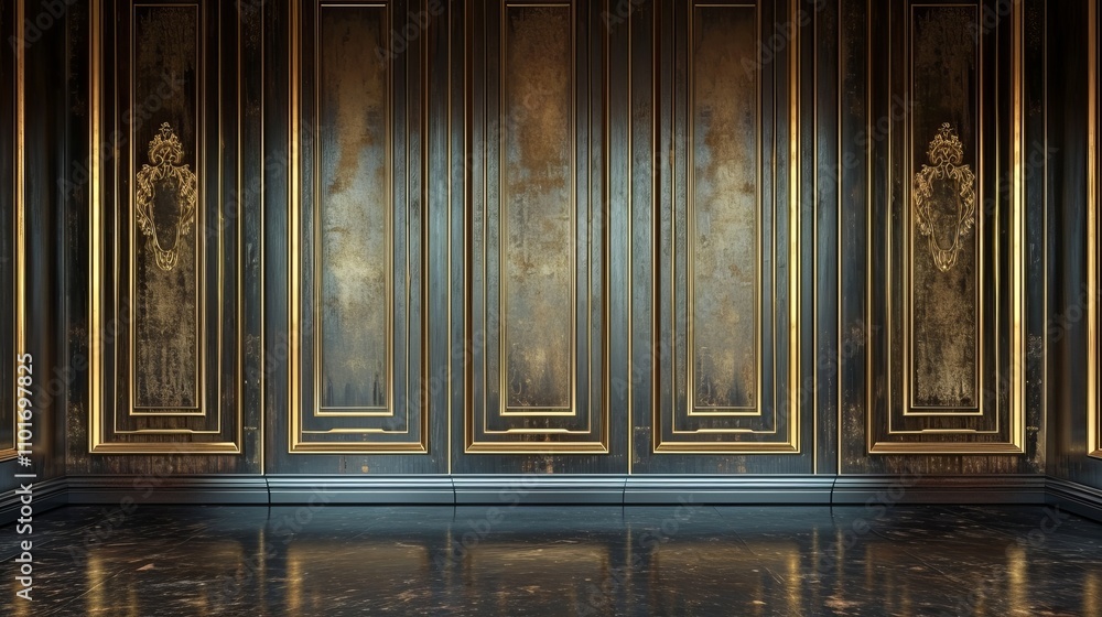 Dark wood wall with gold accents and ornate details. Elegant and luxurious interior design. Dark wood wall with gold accents and ornate details. Elegant and luxurious interior design.