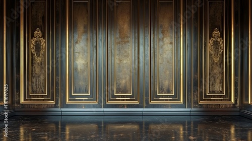 Dark wood wall with gold accents and ornate details.  Elegant and luxurious interior design.