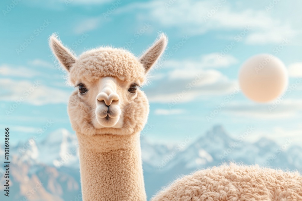 Obraz premium Fluffy alpaca against a serene mountain backdrop with a blurred sphere