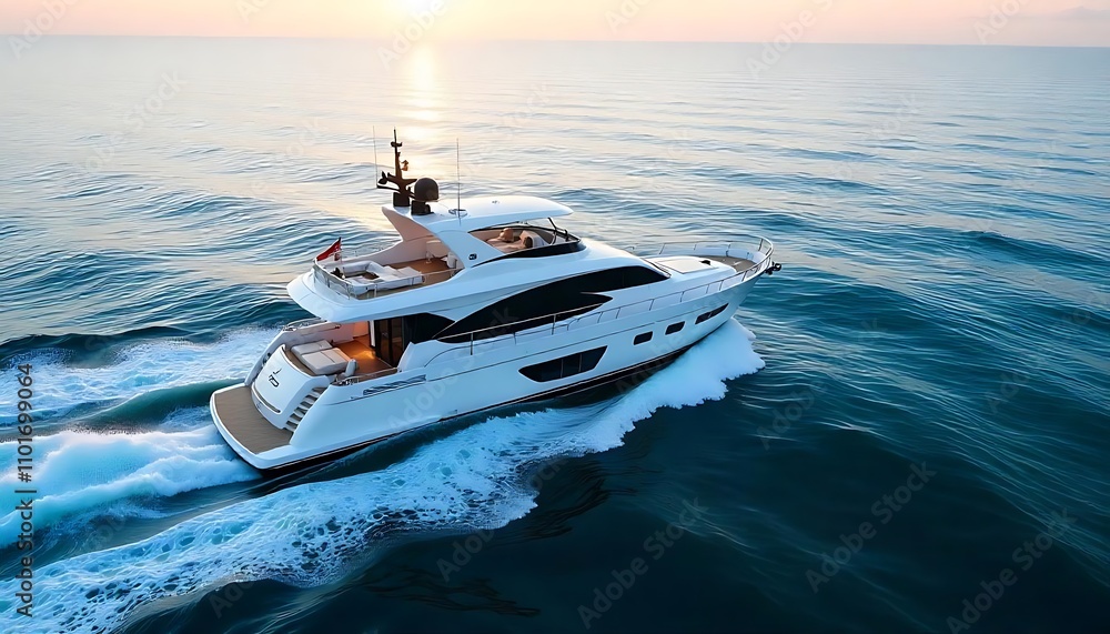 Naklejka premium Luxurious Yacht Sailing at Sunset on Open Waters. Generator AI