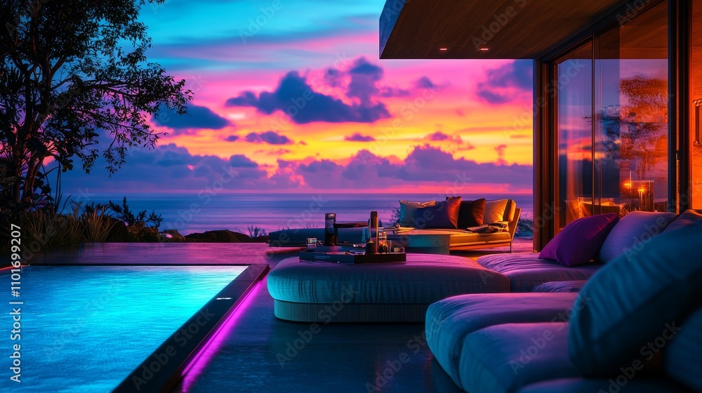 Fototapeta premium Luxurious poolside lounge with ocean view at sunset featuring vibrant colors and modern decor