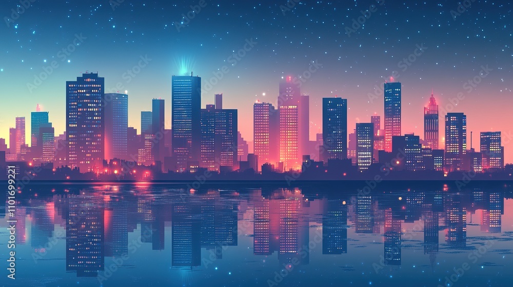 City Skyline at Dusk with Glowing Windows and Reflected Lights City Skyline at Dusk with Glowing Windows and Reflected Lights