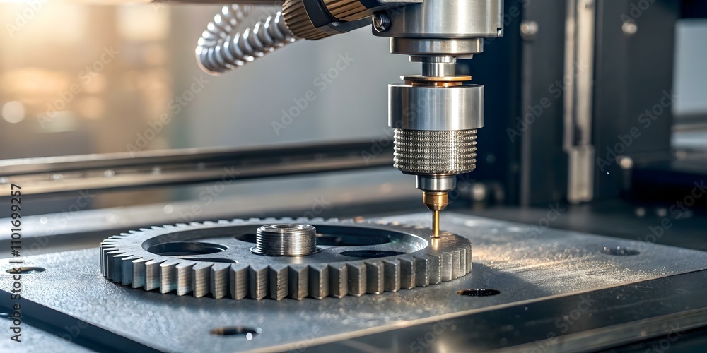 Macro Shot of 3D Printer Nozzle Creating Metal Gear for Advanced Manufacturing Macro Shot of 3D Printer Nozzle Creating Metal Gear for Advanced Manufacturing