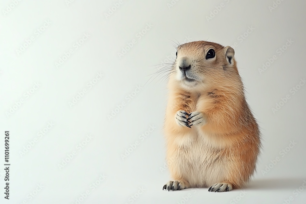 Groundhog sitting and holding its paws on white background in studio, looking up Groundhog sitting and holding its paws on white background in studio, looking up
