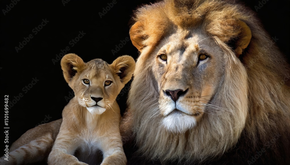 Powerful depiction of the lion and the lamb together, symbolizing strength and peace, set against a deep black background in a visually stunning, artistically crafted composition. Powerful depiction of the lion and the lamb together, symbolizing strength and peace, set against a deep black background in a visually stunning, artistically crafted composition.