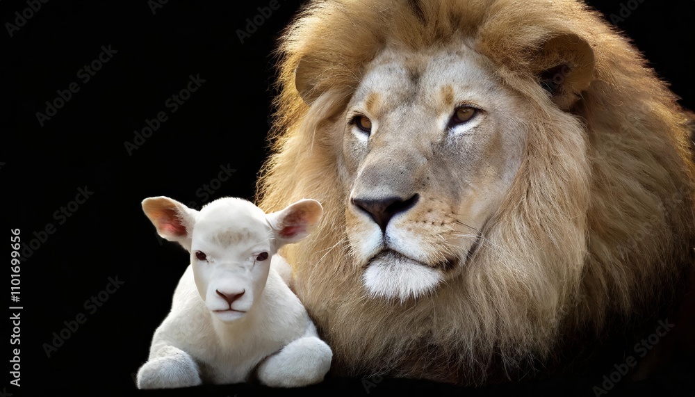 The Lion and the Lamb Together - Powerful Symbol of Peace and Unity Captured in Stunning Digital Artwork on a Black Background with Vivid Detail and Textures - File: .jpg The Lion and the Lamb Together - Powerful Symbol of Peace and Unity Captured in Stunning Digital Artwork on a Black Background with Vivid Detail and Textures - File: .jpg