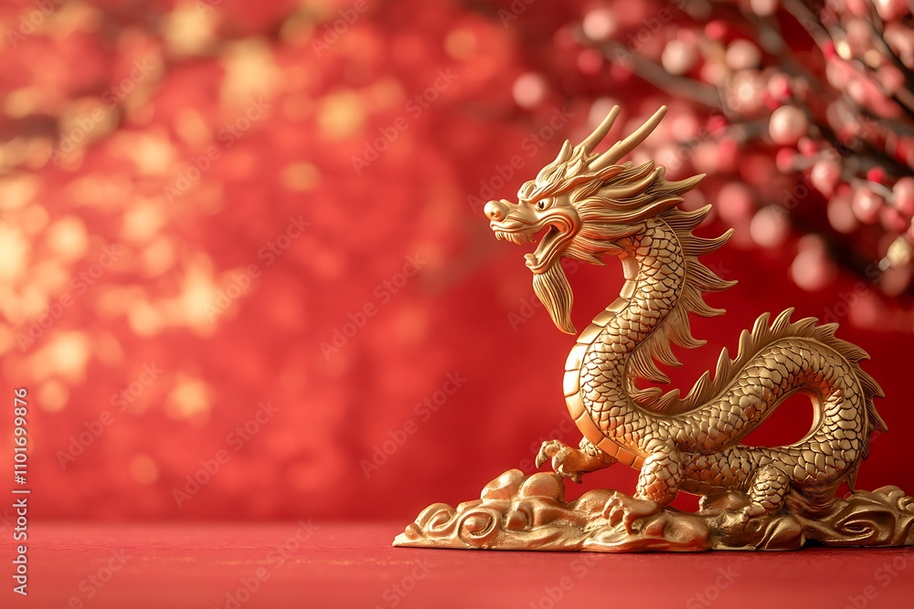 Golden dragon statue is celebrating chinese new year on a red background with bokeh effect Golden dragon statue is celebrating chinese new year on a red background with bokeh effect