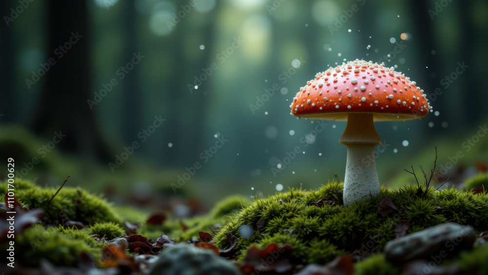 Fototapeta premium A vibrant mushroom with a captivating aura growing on a mossy forest floor.
