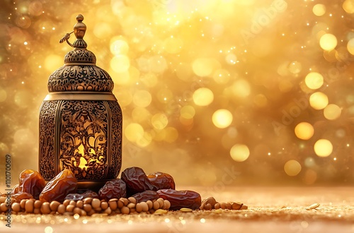 A beautiful Ramadan background with copy space, featuring an Islamic lantern and dates on the left side of the composition against a golden bokeh lights backdrop. The lantern is intricately designed. photo