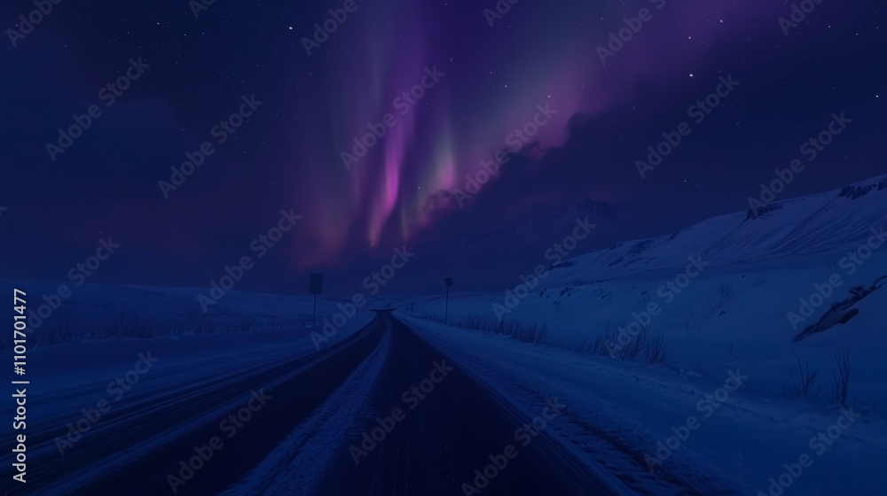 Fototapeta premium Majestic Northern Lights Illuminating a Snowy Road Under a Starry Sky.