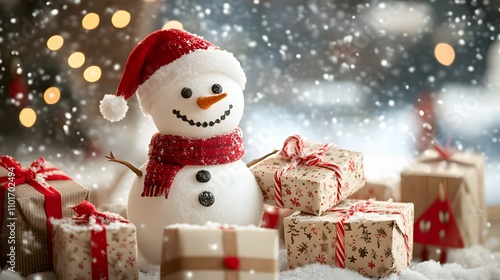 Festive Snowman With Christmas Presents In Snowy Scene