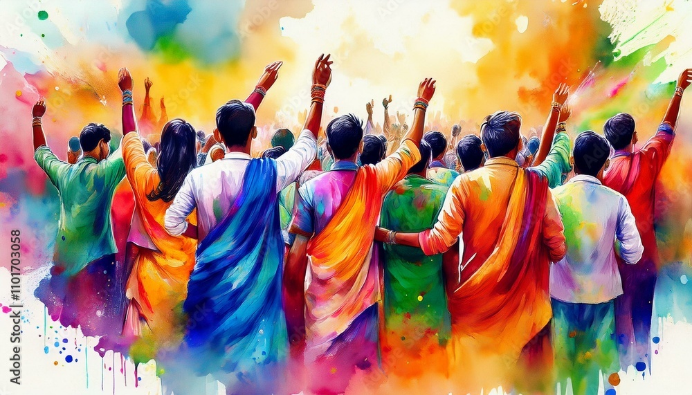 Obraz premium indian people celebrate holi festival, painted watercolor drawing art design