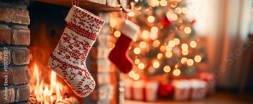 Christmas stockings by a cozy fireplace with holiday decor photo