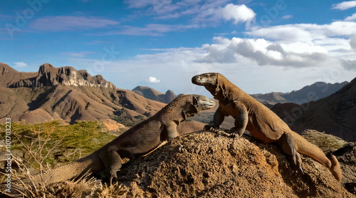 A pair of Komodo dragons interacting in their natural environment, one standing on a rocky ledge while the other climbs toward it. The scene is set against a backdrop of jagged cliffs and sparse veget photo